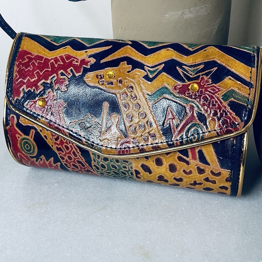 VTG Leather Embossed Giraffe Wildlife Jungle Africa Structured Crossbody Bag - Picture 9 of 12